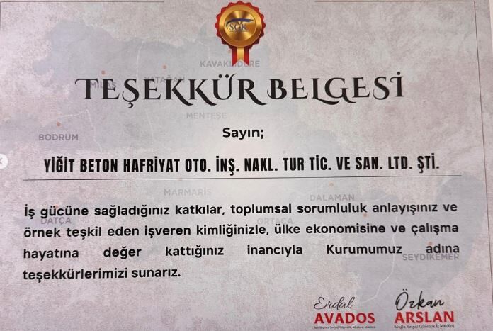 Yiğit İnşaat’a SGK’dan Teşekkür Belgesi