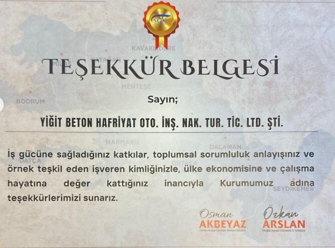 Yiğit İnşaat’a SGK’dan Teşekkür Belgesi