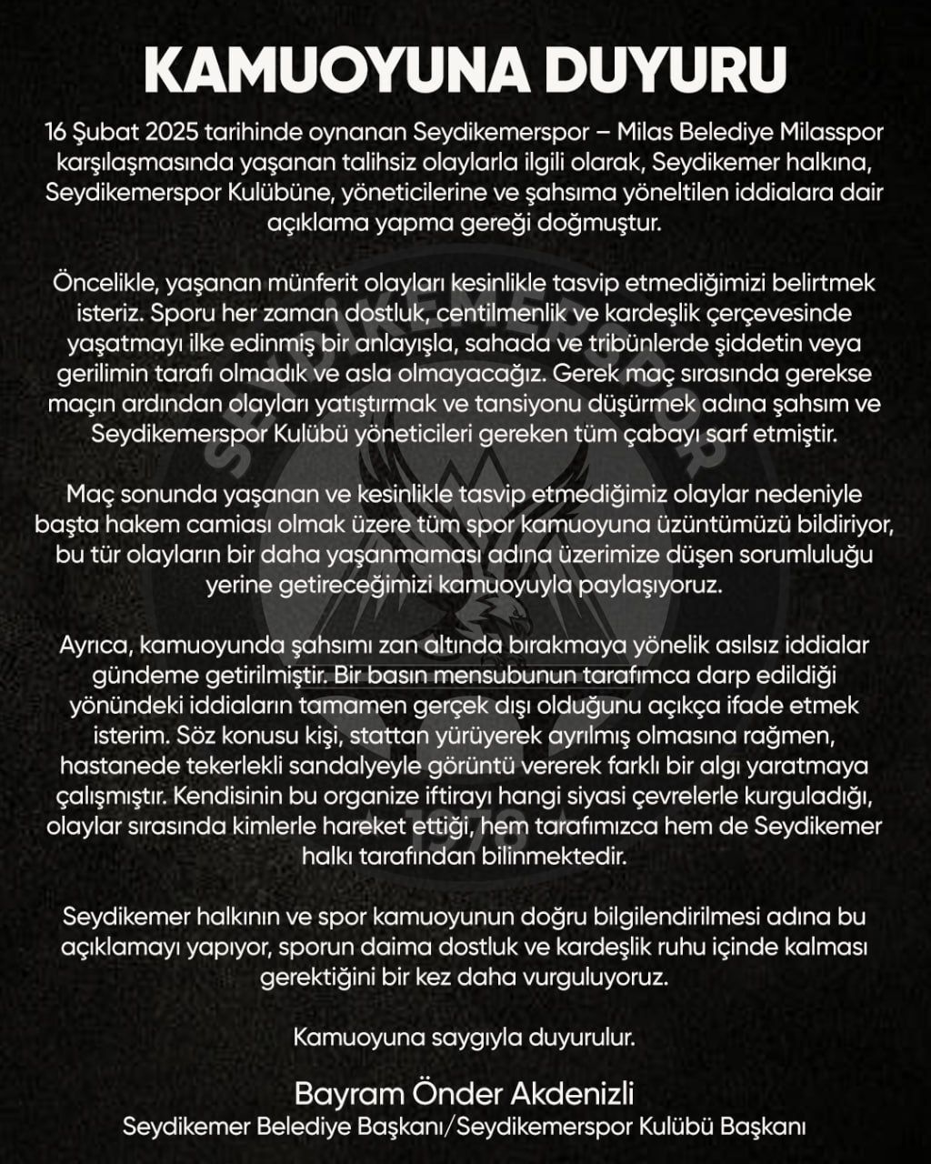 Seydikemerspor – Milas Belediyespor Maçının Yankıları sürüyor