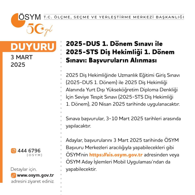 2025-DUS ve STS Diş Hekimliği Sınavı Başvuruları Başladı
