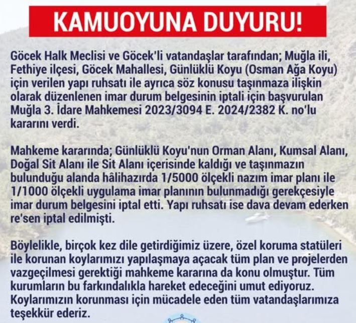 Günlüklü Koyu’ndaki Yapılaşma Ruhsatı İptal Edildi