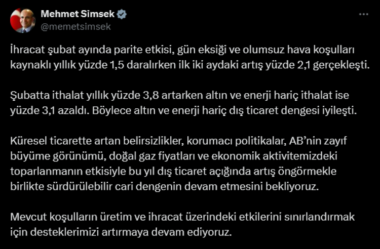 Hazine Bakanı Şimşek'ten 2025 Dış Ticaret Açıklaması: İyileşme Sinyalleri