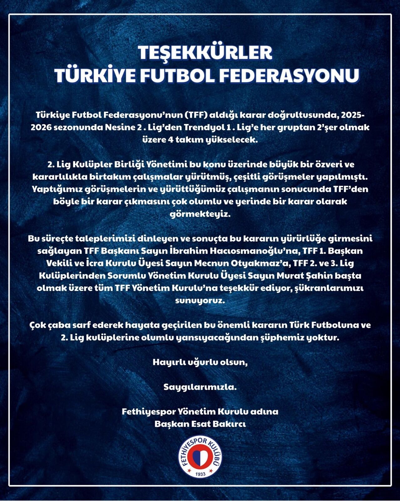 TFF Açıkladı, 2 Lig’den 4 Takım 1. Lige Yükselecek