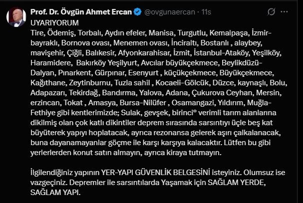 Prof. Dr. Övgün Ahmet Ercan’dan Fethiye Uyarısı
