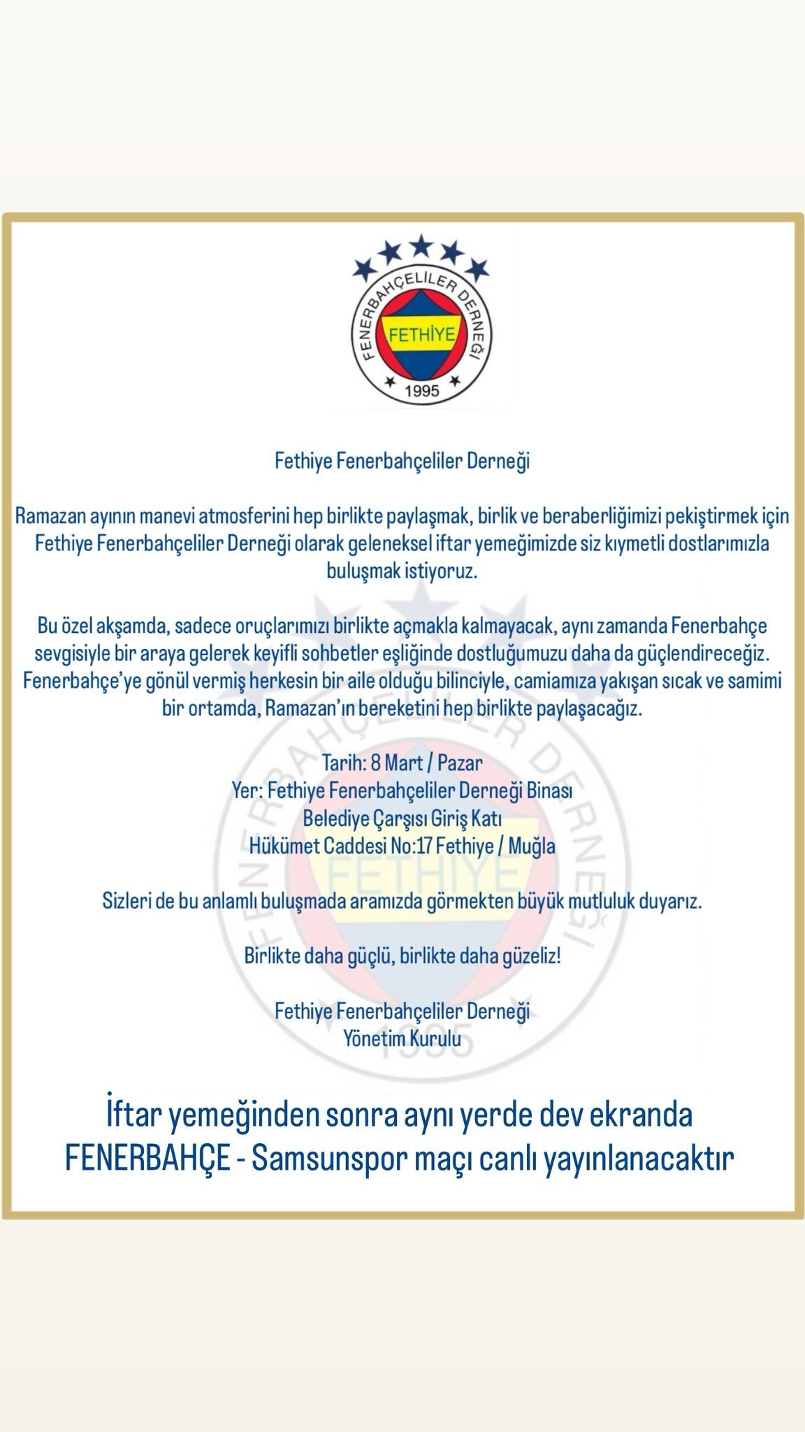 Fethiyeli Fenerbahçeliler İftar Sofrasında Bir Araya Gelecek