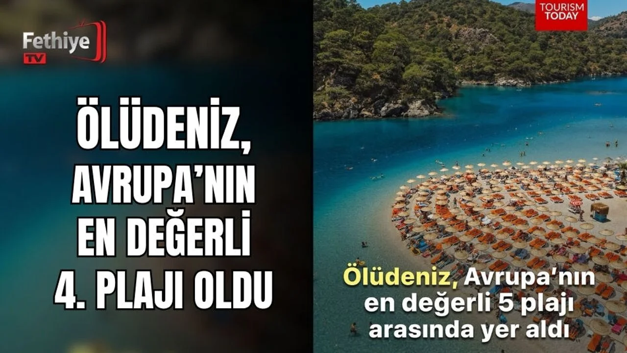 Ölüdeniz plajı turkuaz denizi ve doğal güzelliğiyle havadan görülüyor.