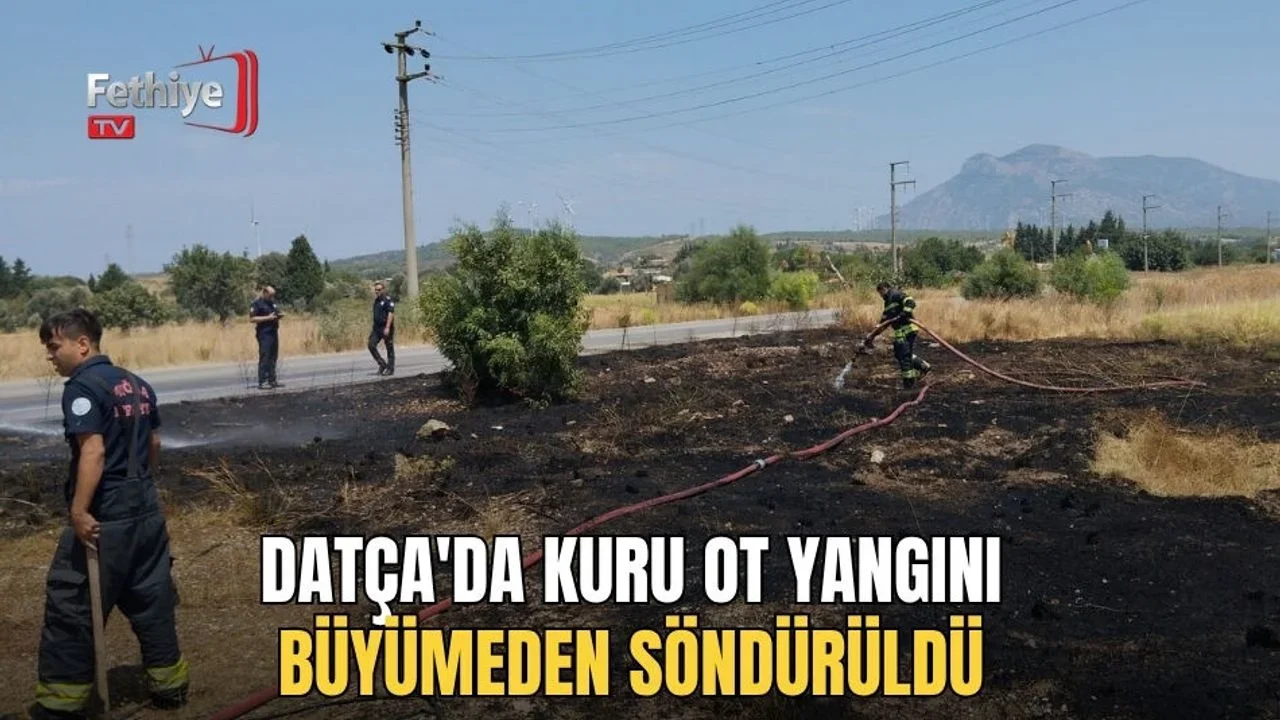 Datça Kızlanaltı mevkiindeki otluk alanda ekiplerin yangın söndürme çalışması ve dumanlar görülüyor.