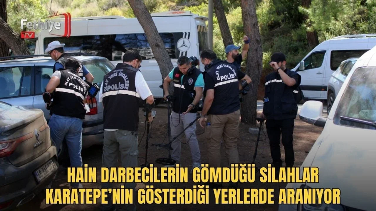 İhraç yüzbaşı Burkay Karatepe, Marmaris Armutalan ve İçmeler mahallelerinde gömdüğü silahları yer gösterme işleminde yetkililere gösteriyor.