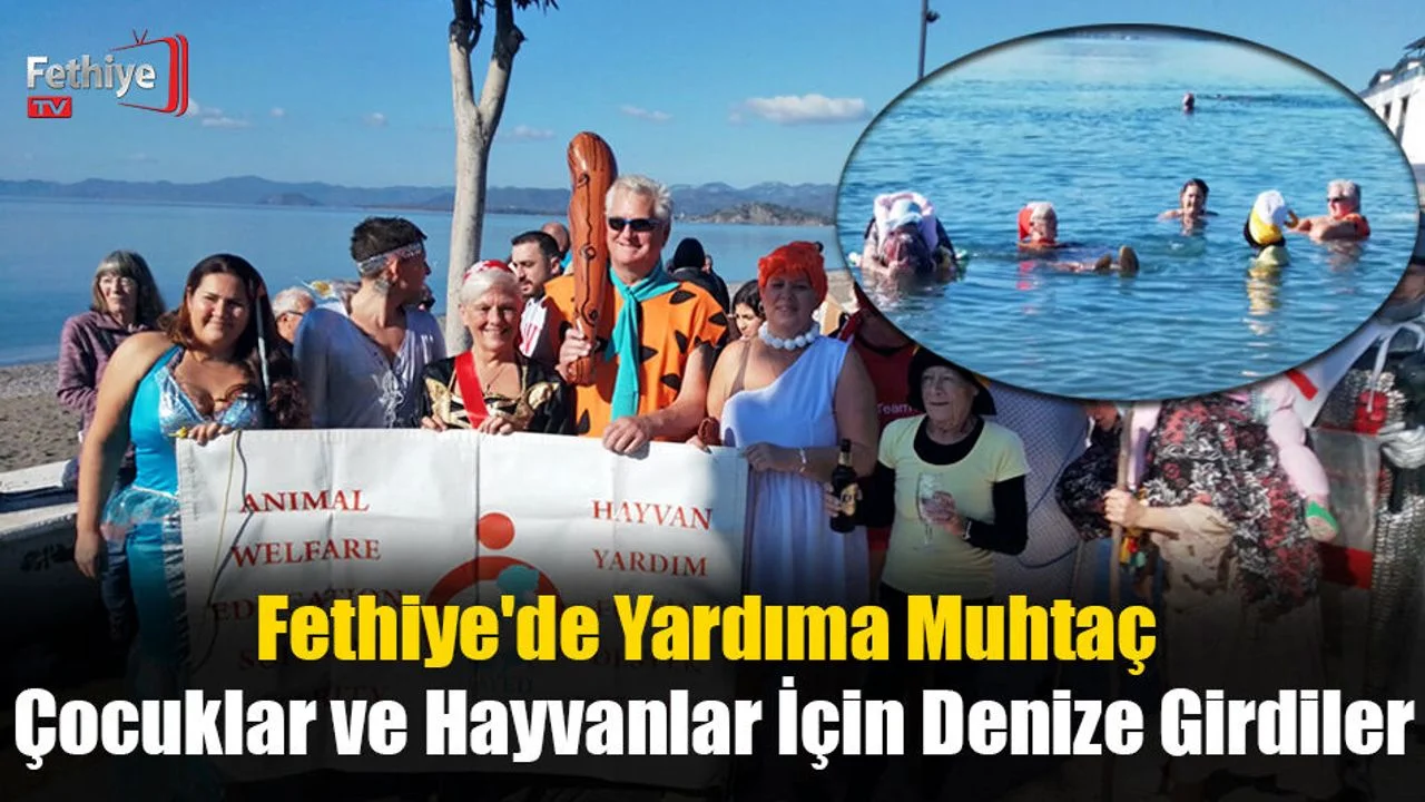Fethiye'de Yardıma Muhtaç Çocuklar ve Hayvanlar İçin Denize Girdiler