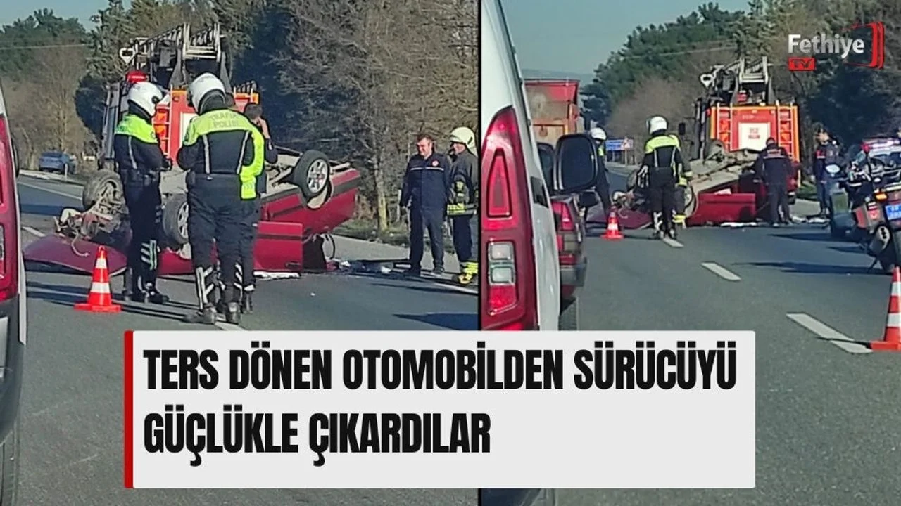 Ters Dönen Otomobilden Sürücüyü Güçlükle Çıkardılar