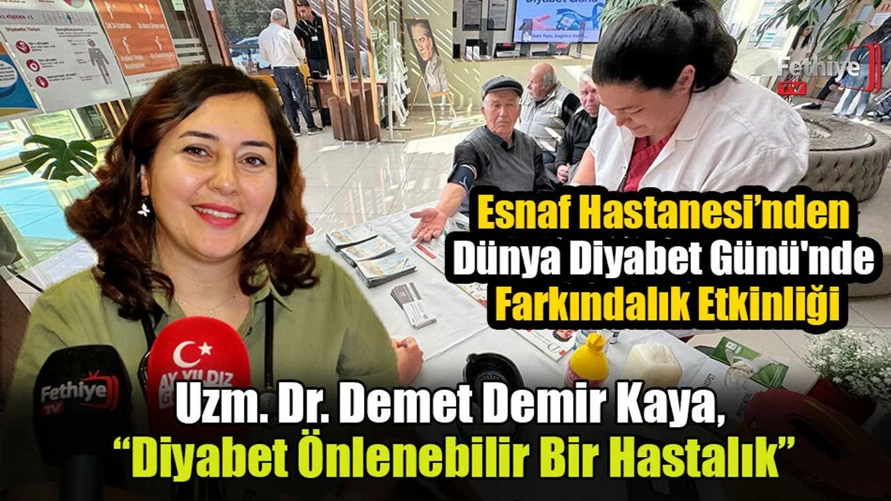 Fethiye Özel Lokman Hekim Esnaf Hastanesi stantında vatandaşların kan şekeri ölçümü yapılıyor.
