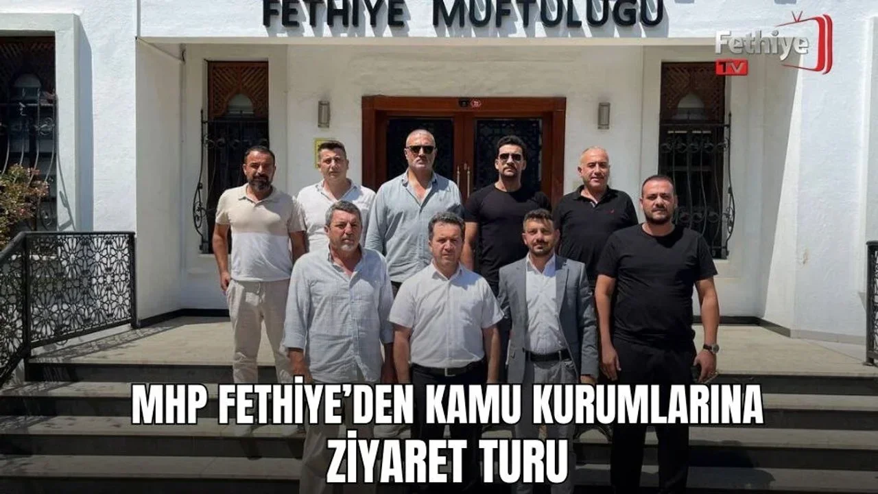 MHP Fethiye İlçe Başkanı Tuğrul Nasuhi Öztürkçü ve yönetim kurulu üyeleri kurum ziyareti sırasında yetkililerle bir arada.