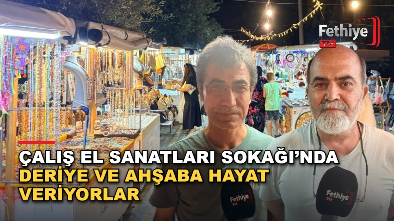 Fethiye Çalış'ta deri sanatçısı ve ahşap oyma ustası el emeği ürünlerini sergiliyor.