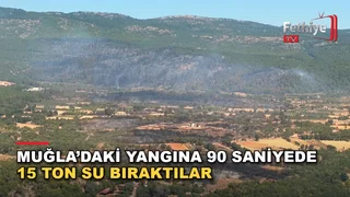Menteşe'deki orman yangınına havadan müdahale eden uçaklar alevlerin üzerine su bırakıyor.