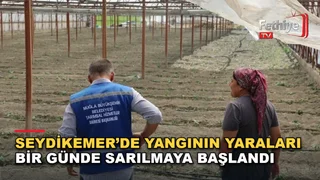 Muğla Büyükşehir Belediyesi yetkilileri ve üretici, yangında zarar gören seranın önünde bir araya geldi.