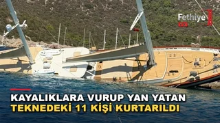 Bodrum Karaada açıklarında kayalıklara çarpan gulet yan yattı