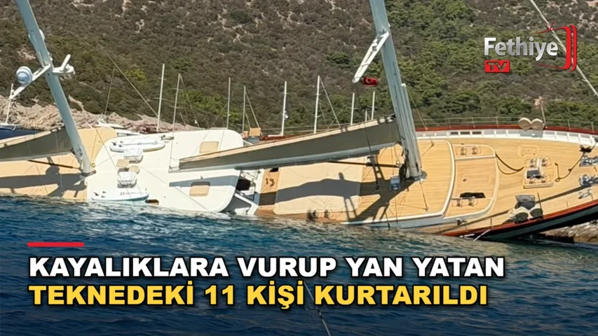 Bodrum Karaada açıklarında kayalıklara çarpan gulet yan yattı