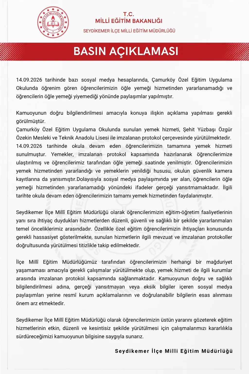 Seydikemer İlçe Milli Eğitim’den ‘Öğle Yemeği Verilmedi’ İddialarına Yanıt