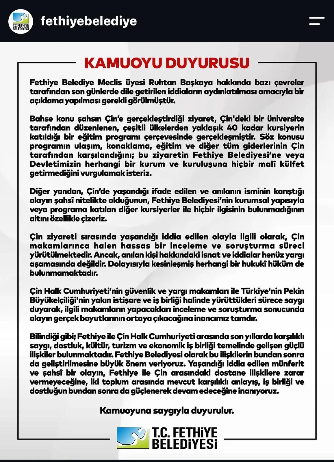Fethiye Belediyesi’nden Meclis Üyesi Ruhtan Başkaya Hakkında Açıklama